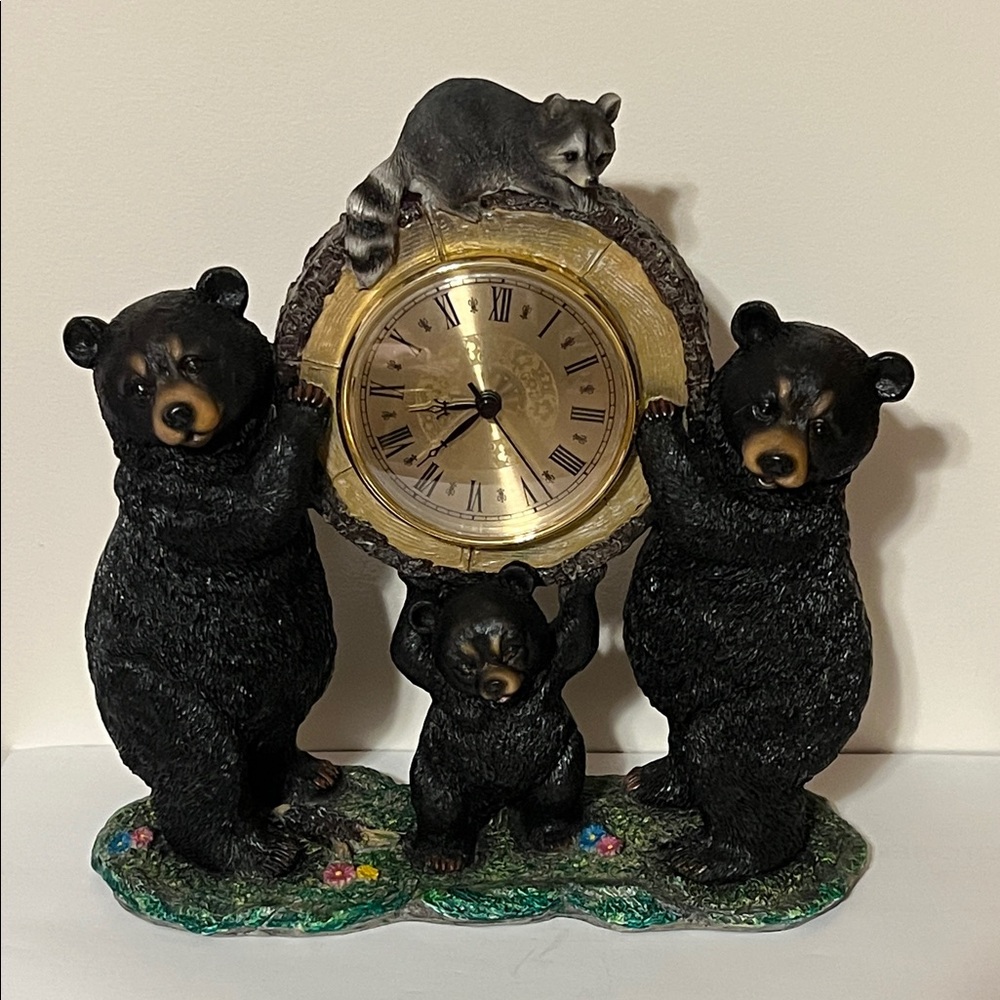 Charming Black Bear 🐻 Family Holding a Birch Log Clock with Raccoon 🦝 on the Top